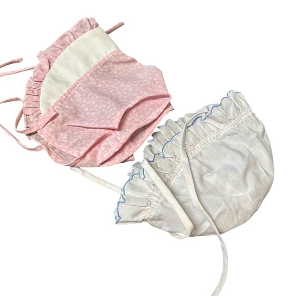 Vintage Handmade Pink Floral & White Blue Trim Baby Bonnet Cap Hat Lot of 2 - Picture 2 of 6